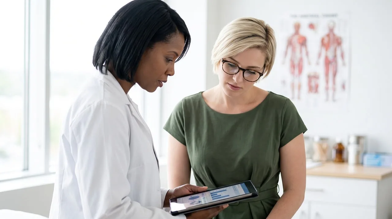 doctor, patient, tablet, healthcare, clinic, consultation, data, modern, communication, professional, discussion, adult, serious, assessment, medical practice, explanation, diagram, evaluation, graph, digital, health services. Breast Implant Illness Explant Timeline: From Consult to Recovery in the US