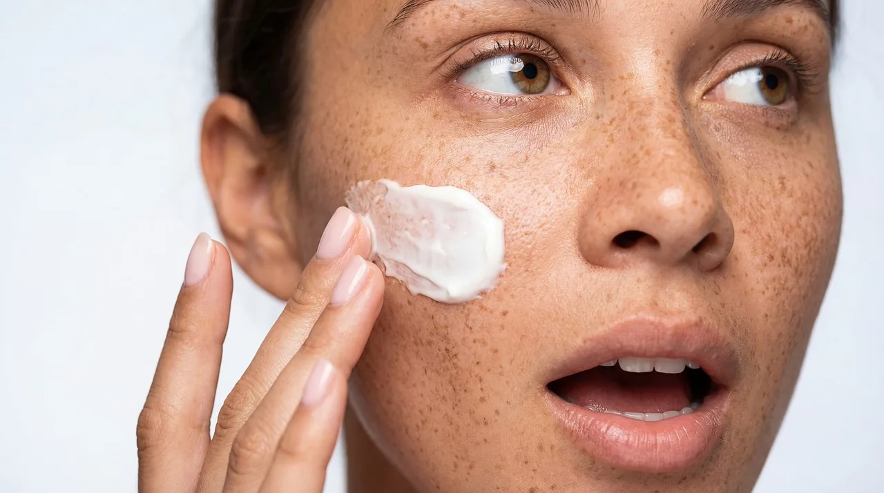 skincare, freckles, woman, face, cream, beauty, natural, cosmetic, moisturizer, skin, dermatology, treatment, wellness, health, routine, close-up, expression, female, portrait, facial, moisturizing, lotion, application, care, freckled. Skincare routines ideas sorted by effort and payoff