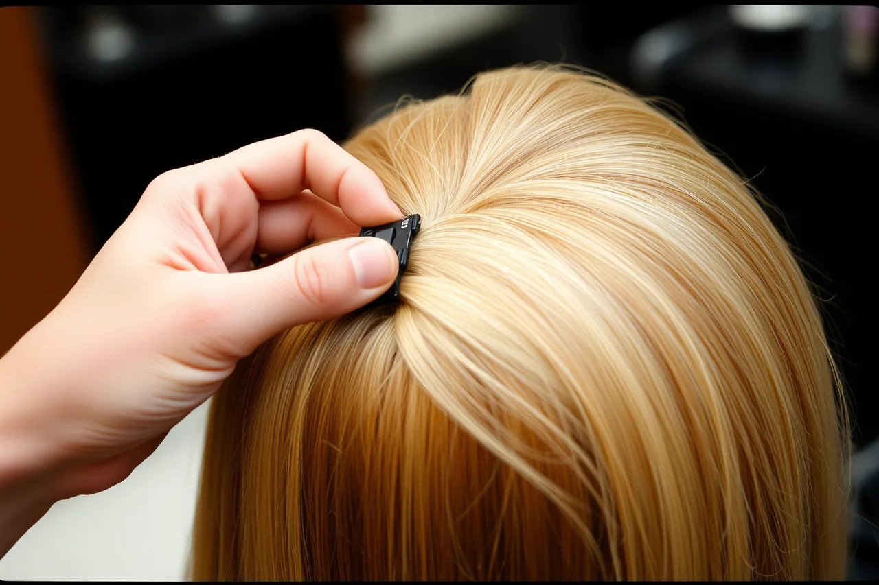 Hands clipping a long hair extension weft into sectioned hair (What separates the strong celebrity hair examples from the weak)