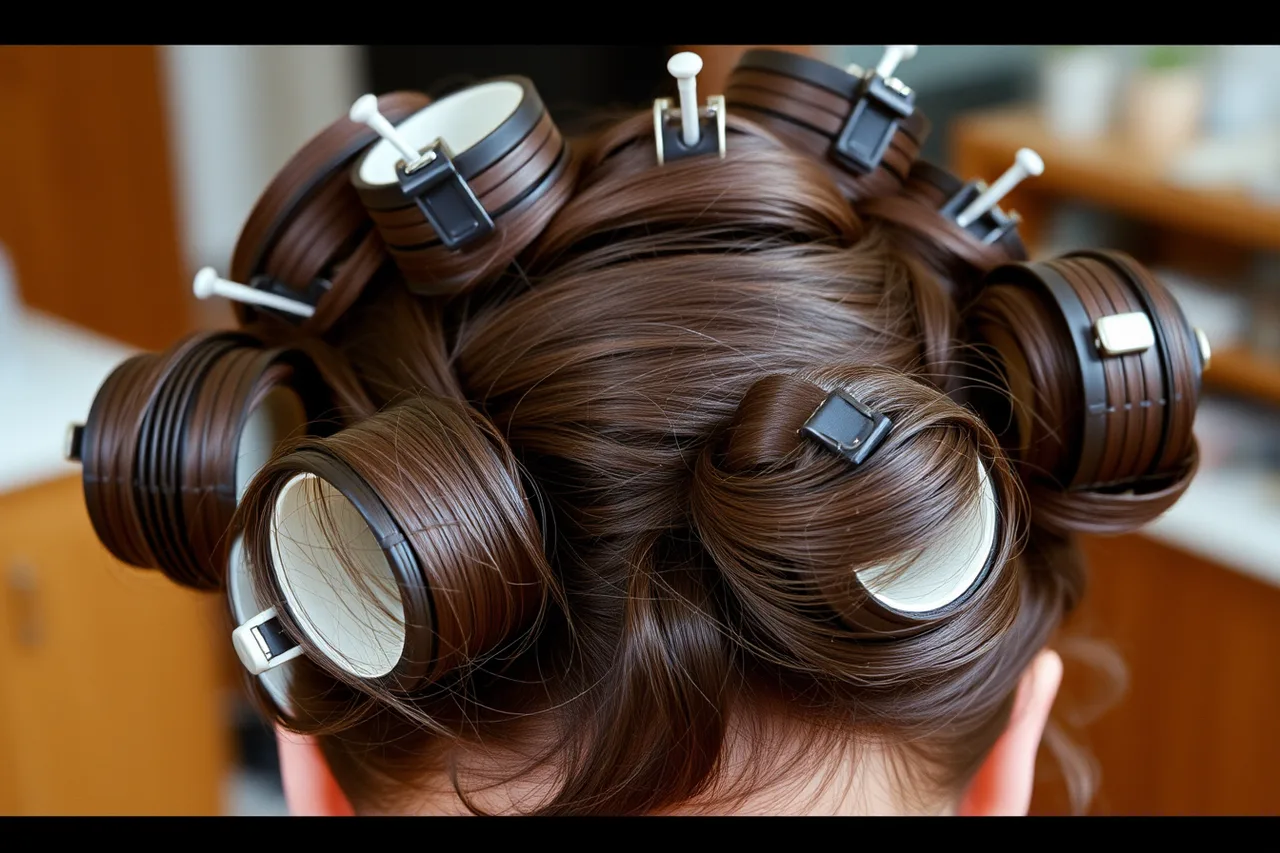 Hair wound in rollers and pinned, mid-setting before styling (What separates the strong celebrity hair examples from the weak)